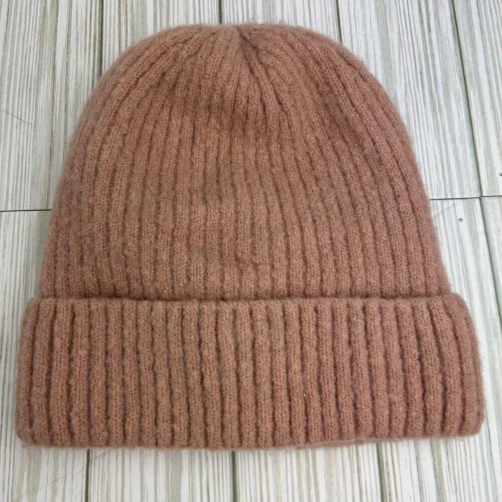 Look Cashmere Unisex Beanie Light Pink Mauve Rib Knit Wool Blend Winter Hat OS